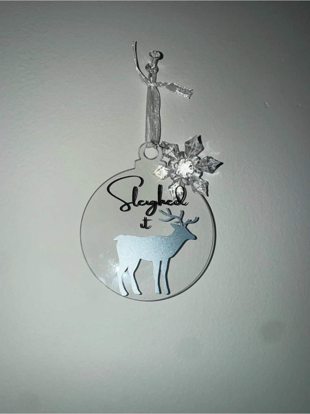 Holiday Reindeer Acrylic Ornament - Silver Ribbon (No Brand)